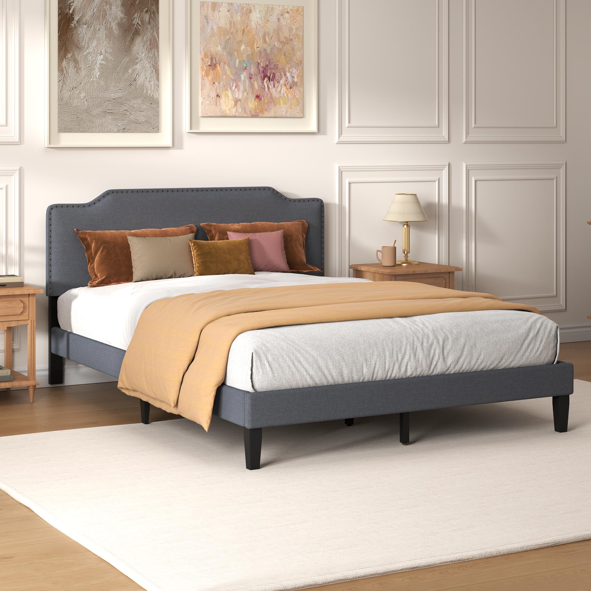 Pingliang Home Queen Size Bed Frame with Adjustable Headboard Platform, 12 Thickened Legs, Fabric Upholstered Headboard, No Box Spring Needed,