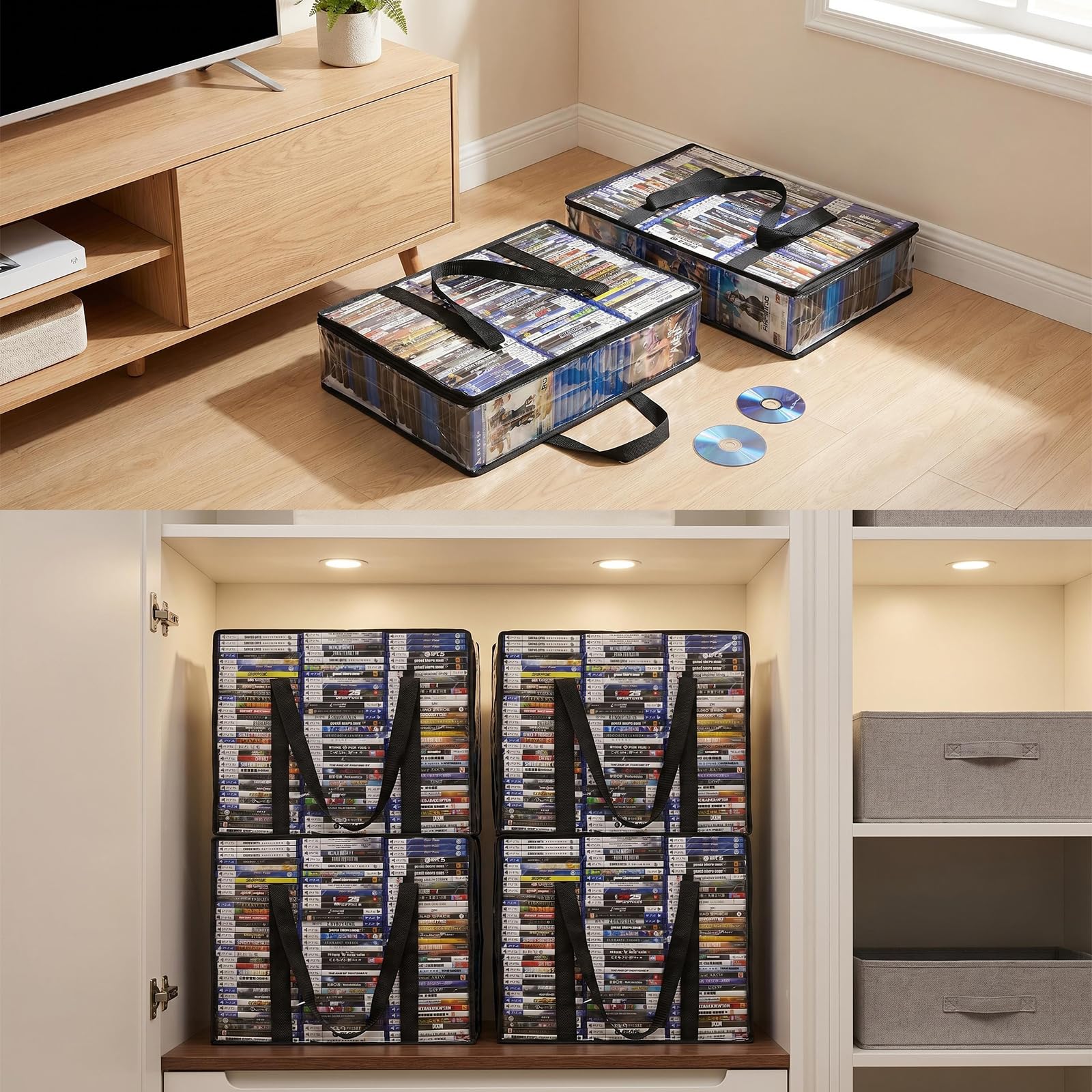 Sacchetti per DVD, confezione da 3 sacchetti trasparenti per 210 DVD o 270 custodie Blu-ray (70, 90 ciascuna), organizer in plastica ispessita con manici rinforzati per riporre supporti