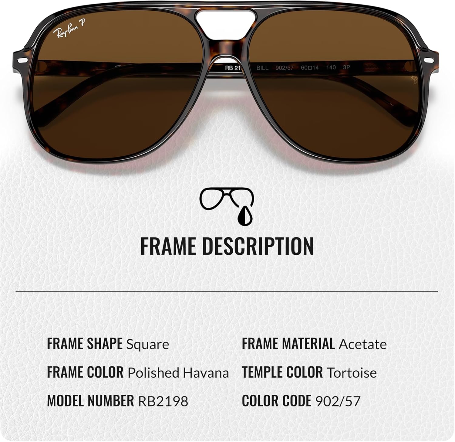 Ray-Ban RB2198 BILL Square Shaped Sunglasses for Men & Women with Official Eyewear Kit Polished Havana Frame | B-15 Brown Polarized Lens 60 Millimeters image 3 of 7 B0DTFQCC6R