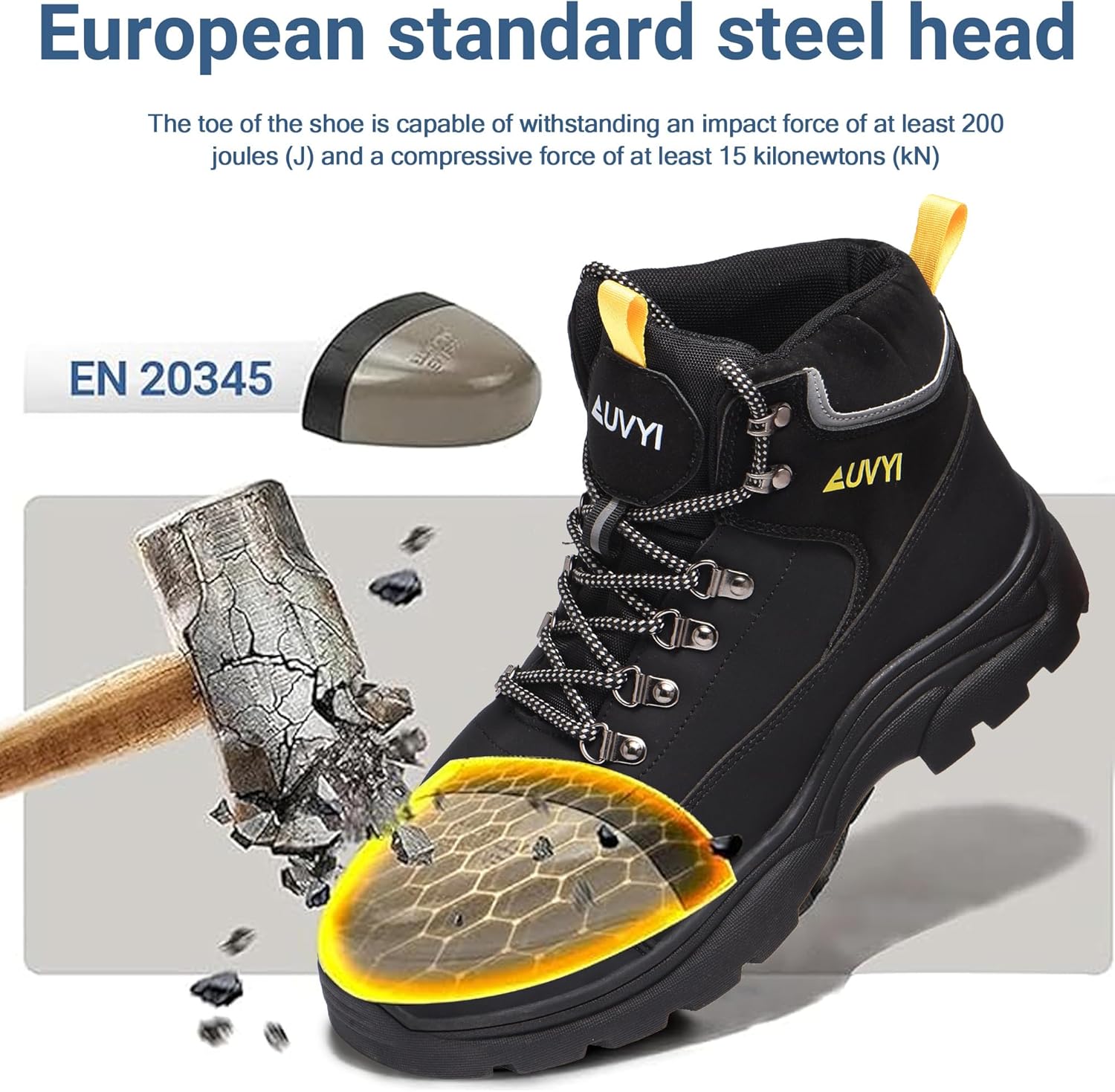 AUVYI Waterproof Work Boots For Men - Steel Toe Boots Comfortable Safety Wide Toe Shoes for Men, Slip Resistant botas de trabajo para hombre Work Shoes for Industrial & Construction