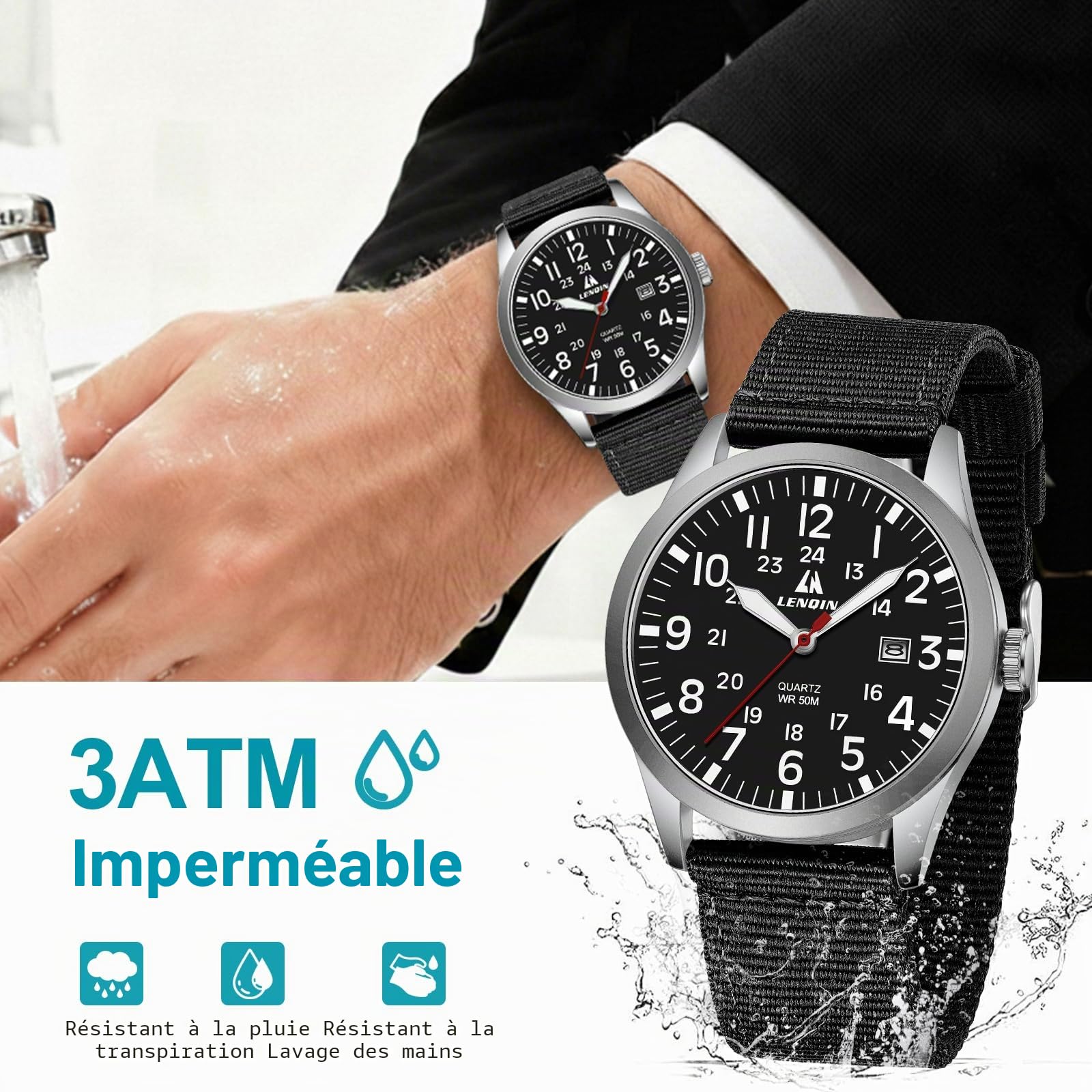 LN LENQIN Montres analogiques à Quartz pour Hommes Montre-Bracelet étanche pour Hommes Montre de Terrain légère et Simple avec Date