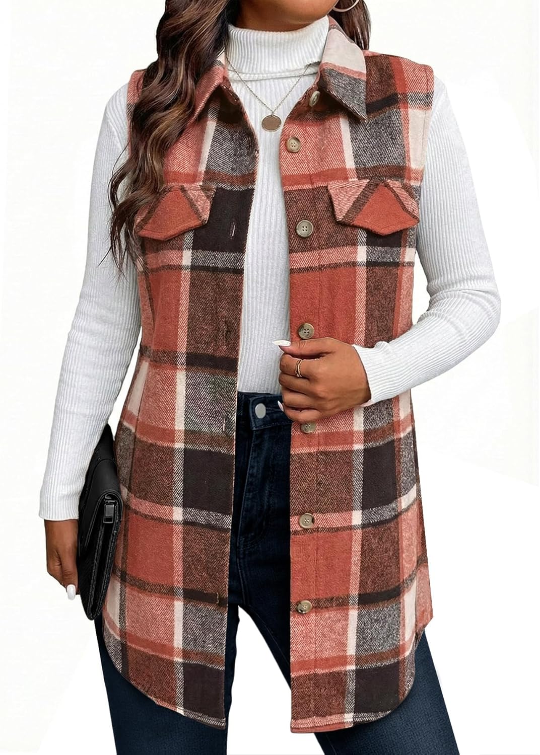 Mina Self 2025 Women's Flannel Plaid Vest Jackets- Fully-Lined Sleeveless Warm Long Casual Fashion Outerwear with Pockets - Image 4