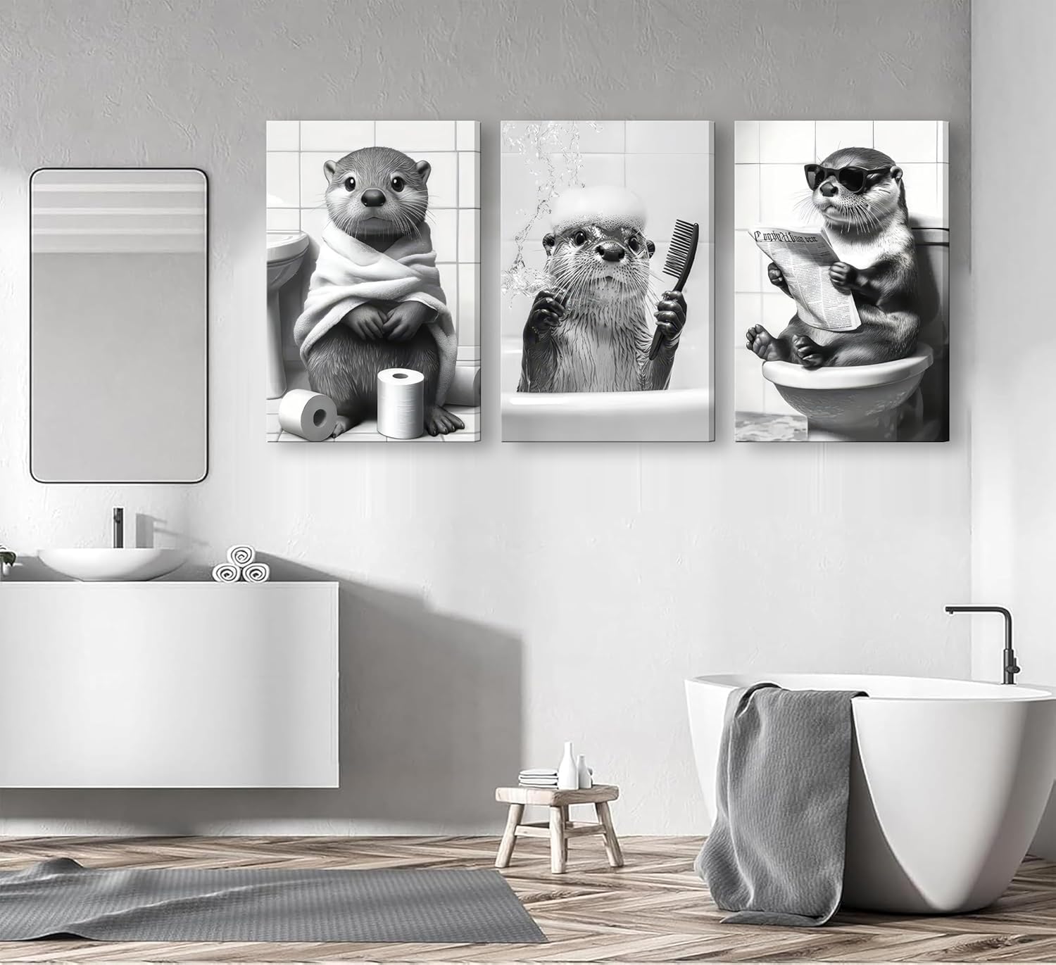 3Pcs Framed Cute Otter Canvas Wall Art Black And White Animal Poster Print Funny otter bathing and reading newspaper Picture Painting Wall Decor for Bathroom Restroom Home Decoration