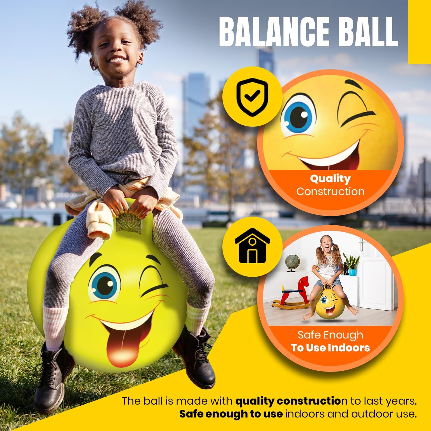 New Bounce Hopper Ball for Kids - Bouncing Ball with Handle - Outdoor Toys for Ages 5,6,7,8,9 - Yellow Bouncy Ball w/Pump
