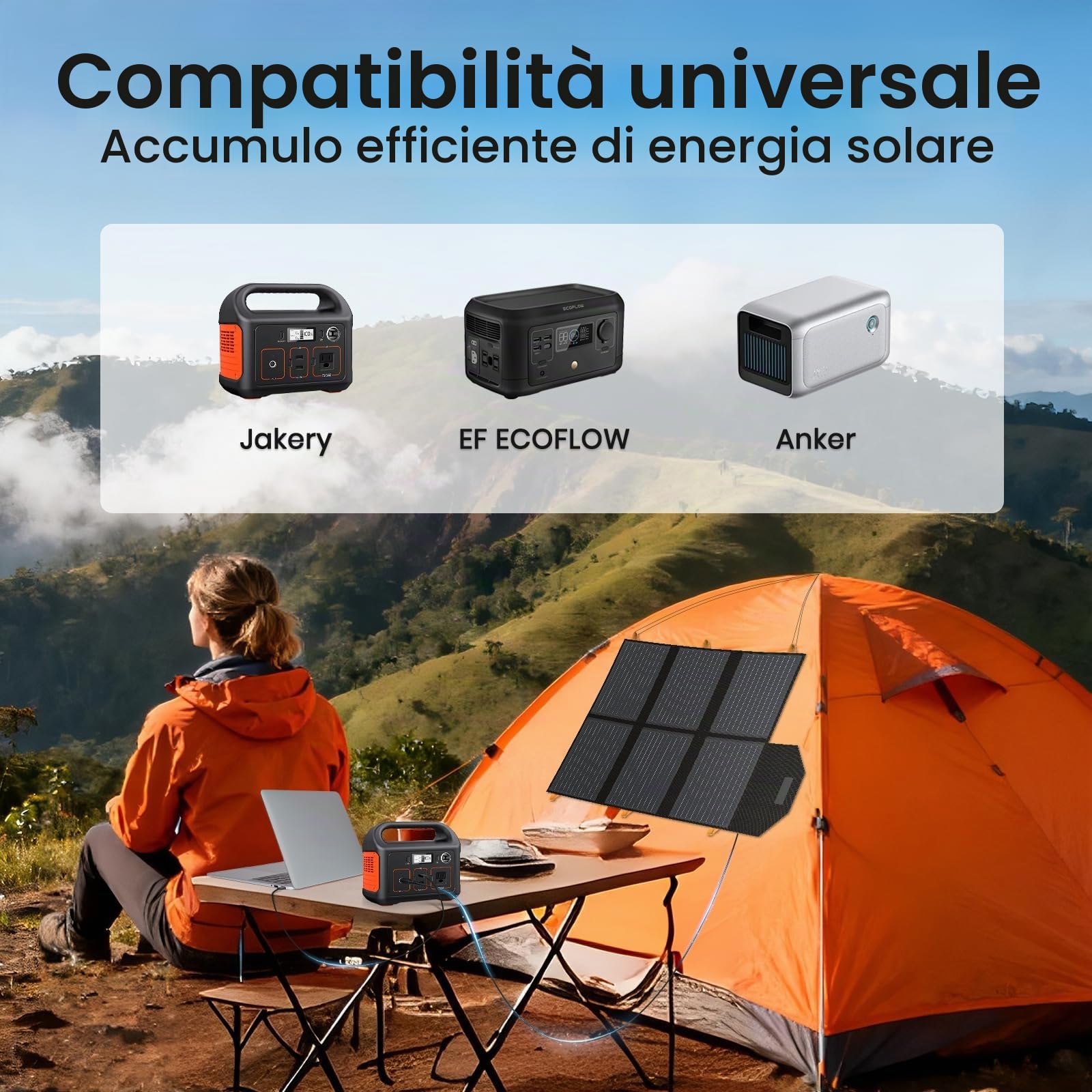 FlexSolar 60W Pannello solare pieghevole, moduli solari portatili ETFE | con uscita DC/QC 3.0 USB-A e USB-C (PD 45W) per alimentazione di backup, campeggio, zaini. Compatibile con smartphone