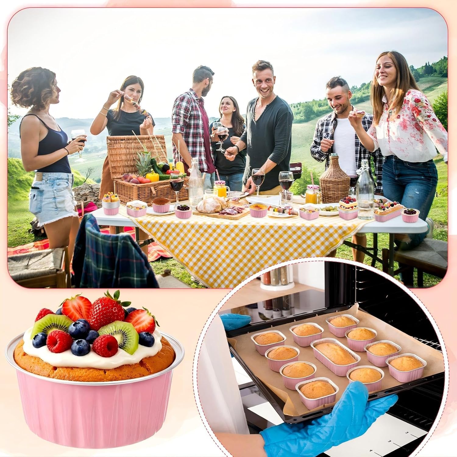 150 Set Pink Mini Cake Pans with Lids, 6.8oz & 5oz Aluminum Foil Baking Cups Set, Rectangular Square Round Shapes for Brownies, Cheesecake, Muffins, Cupcakes, Party Dessert Making & Gifting