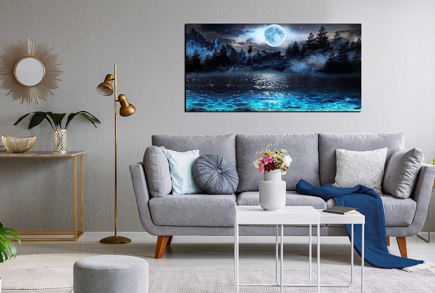 Moon Sea Ocean Wall-Art For Living Room Large Size - Blue Wall Decor For Bedroom - Forest Wall Art Ready To Hang 29" x 59" - Image 3