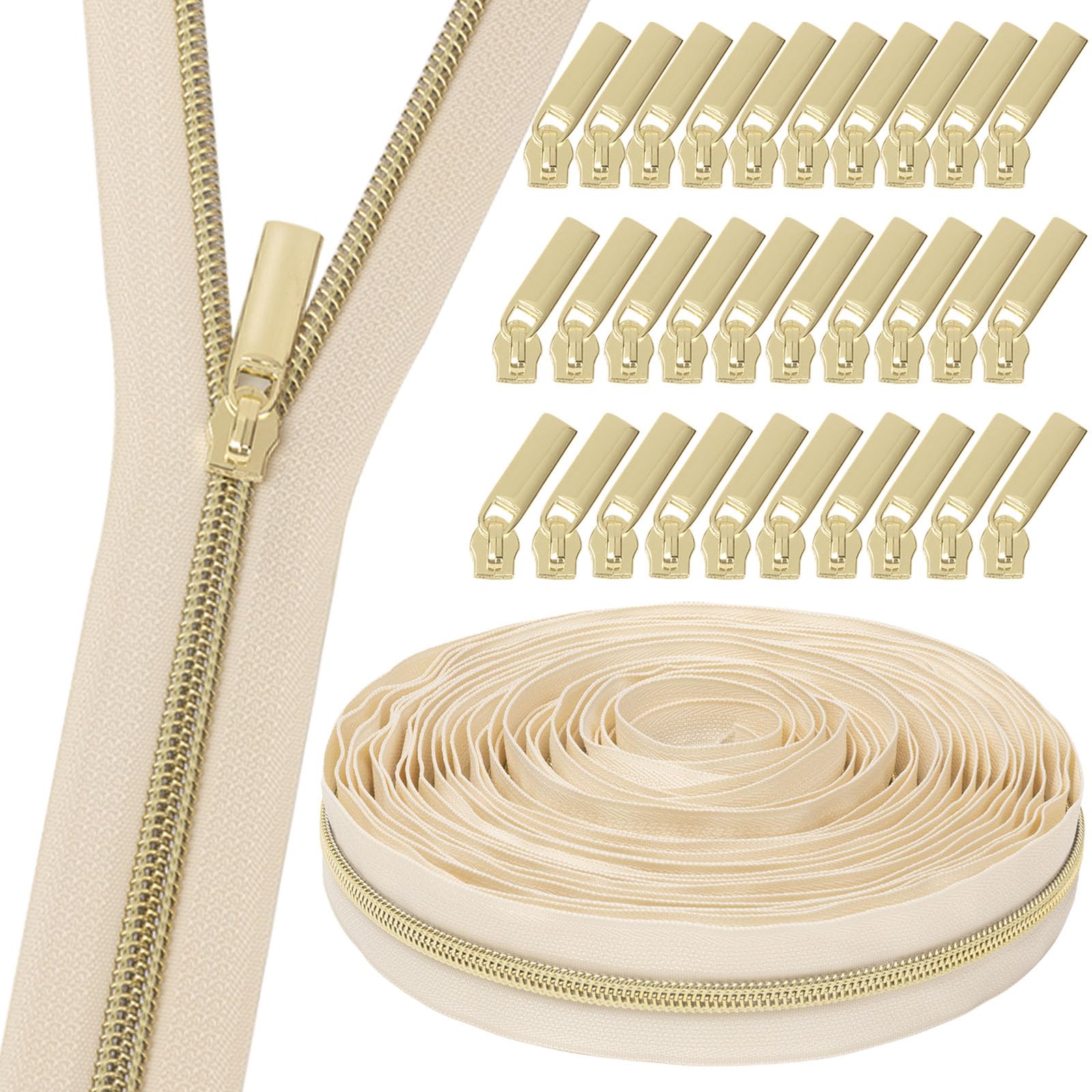 GUBOCA 9 M Reißverschluss,Näh Endlosreißverschluss mit Zipper,mit 30 Stück Reißverschlüsse Zubehör für Taschendekoration (Gold, Beige)