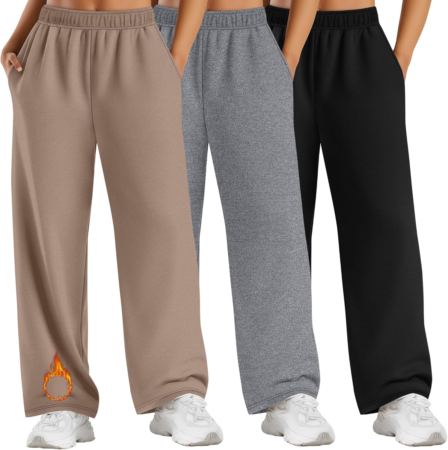 3 Pack Women's Plus Size Fleece Sweatpants Thermal Wide Leg Elastic Baggy Jogger Warm Pants Winter with Pockets