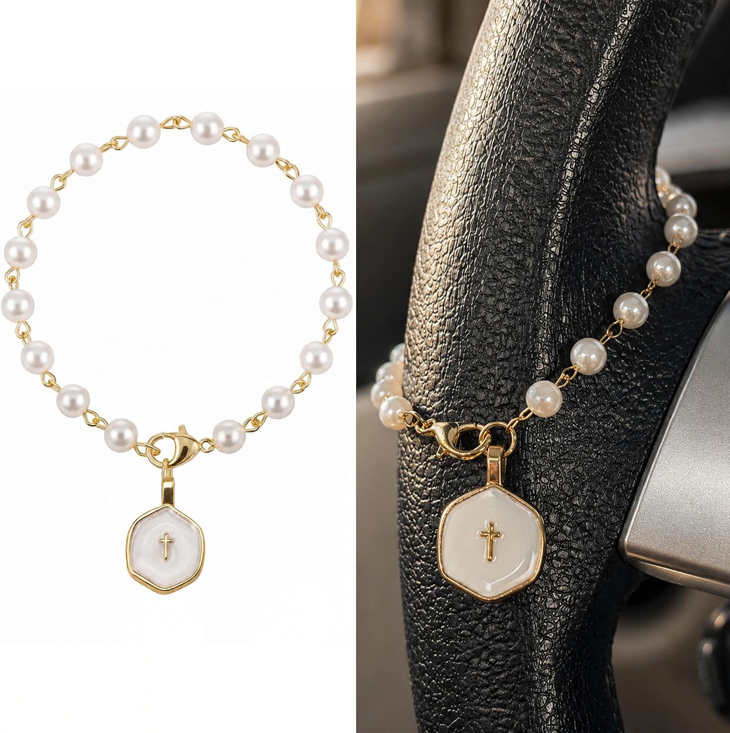 Steering Wheel Charm Cross, Pearl Steering Wheel Car Rosary