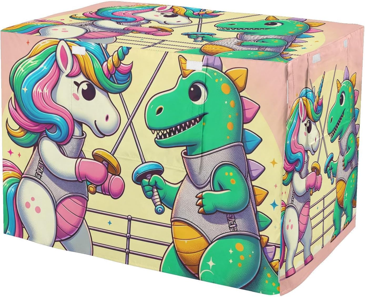 Cartoon Unicorn Dinosaur Fencing Dog Crate Covers Fixed Buckle at Bottom, Pet Cage Cover with Mesh Windows, Large