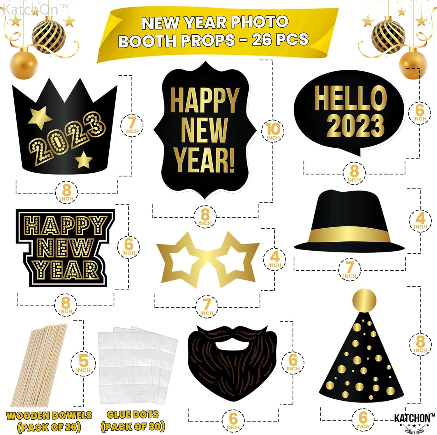 Buy Large, New Year Photo Booth Props 2023 Pack of 26 Black, Gold