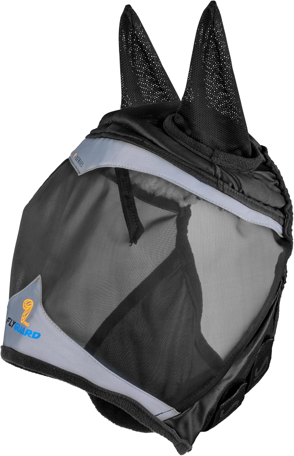 Shires FlyGuard Pro Fine Mesh Fly Mask with Ears – Full Size | Lightweight Breathable Mesh Fly & Insect Protection | Secure Fit for Turnout, Grazing & Stable Use | Jet Colour
