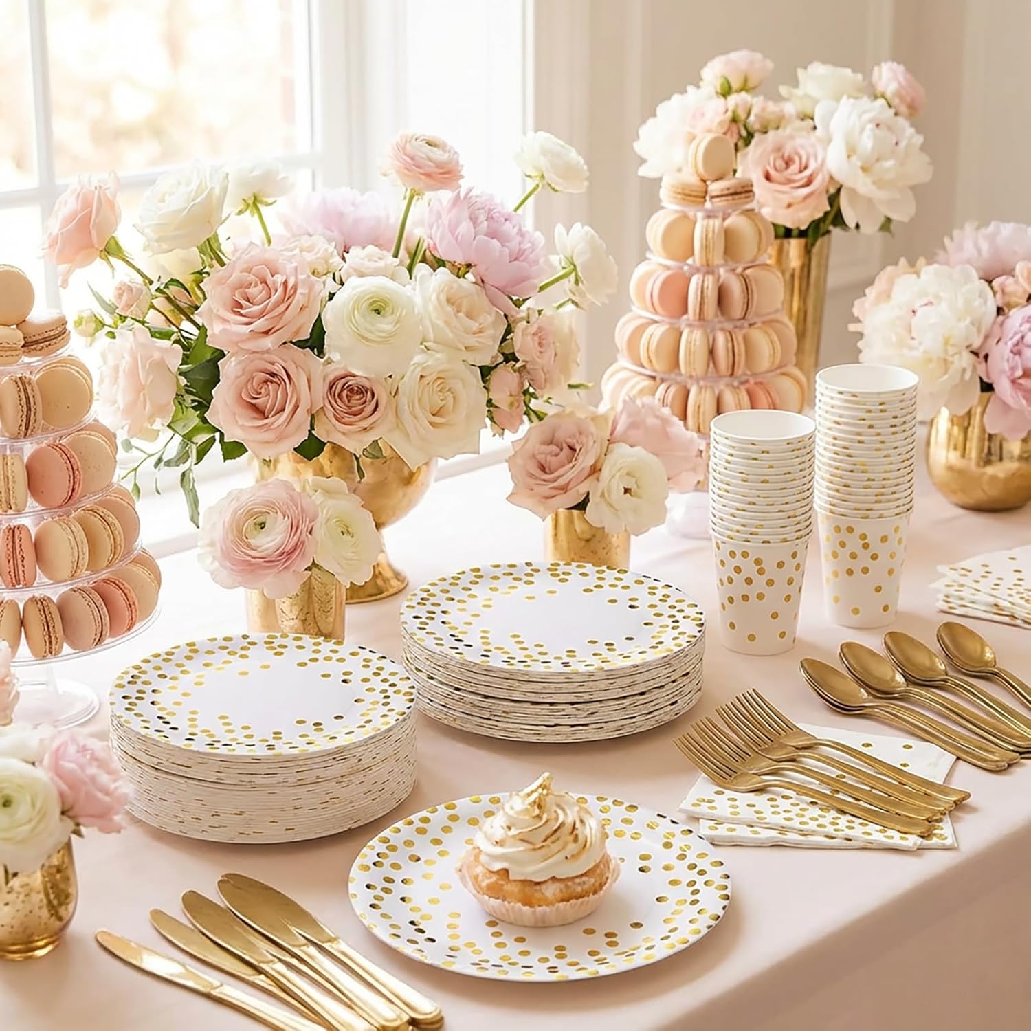 Paper Plates and Napkins Party Supplies - 175pcs White and Gold Polka Dots Disposable Party Plates and Cups and Napkins Sets for Birthday, Wedding, Showers, Graduation Decorations (Serve 25 Guests)