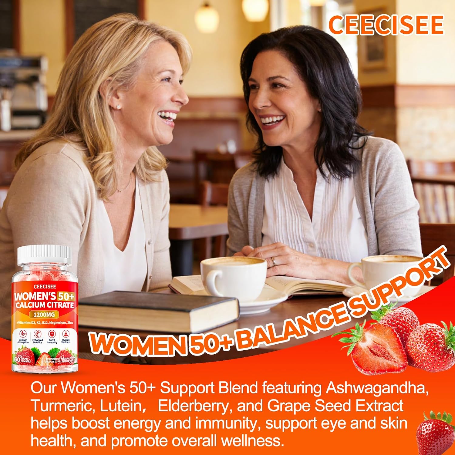 50+ Women's Calcium Citrate Gummies: Sugar Free 1200 mg Calcium Supplements for Women Plus Vitamin D3 K2 B12 B6 Magnesium Zinc - Vegan Calcium Gummy Support Immune Energy Health (120Count)