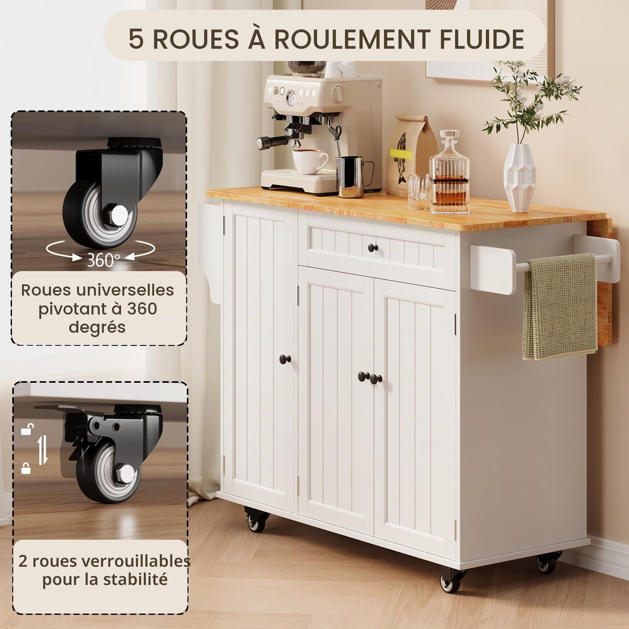 Xbro ilôt de Cuisine avec roulettes, Desserte de Cuisine avec Table Extensible, Porte-torchons, 2 Tiroirs, 3 Portes avec Rangement, 130 × 75 × 88 cm, Blanc