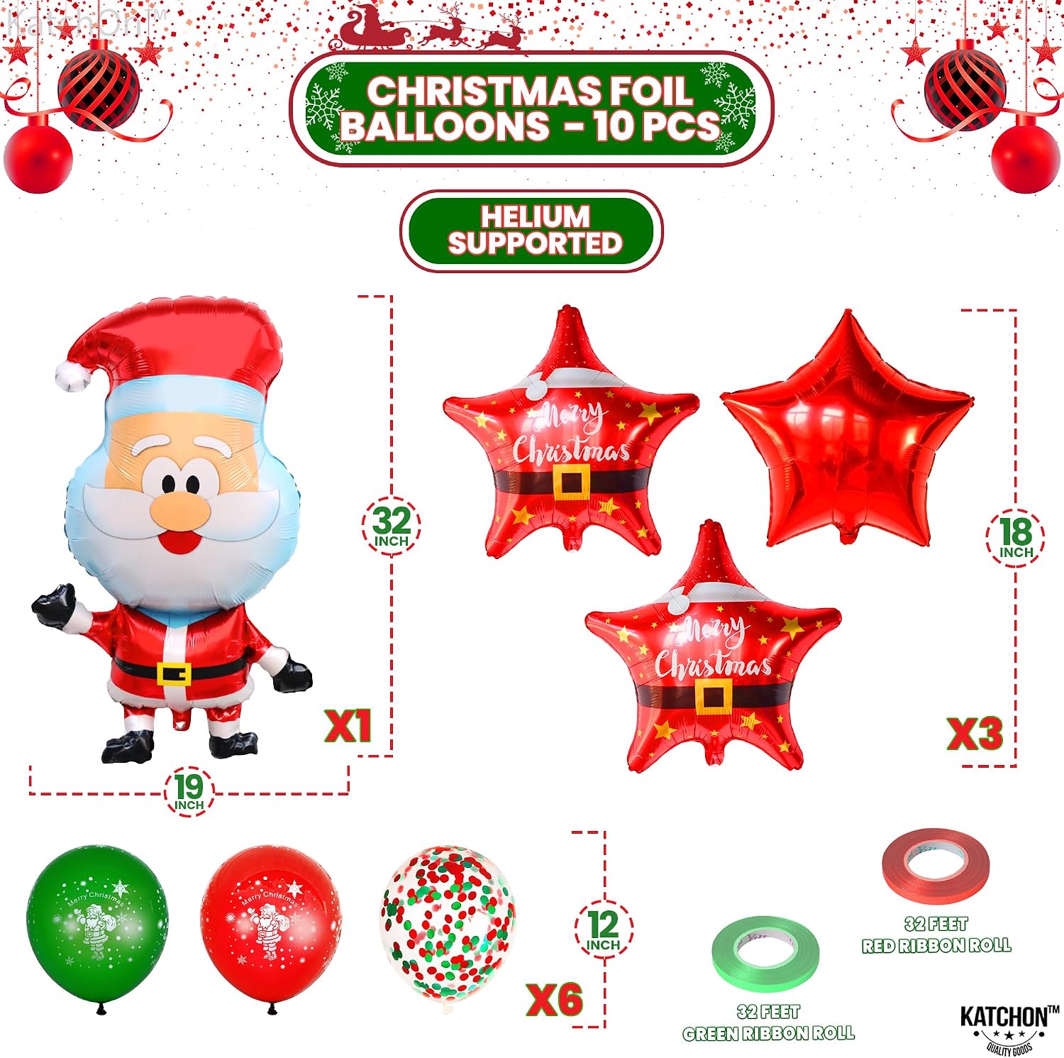 KatchOn, Santa Balloons with Star Balloon Set - 32 Inch, Pack of 10 | Santa Claus Balloon for Christmas Balloons Decorations | Christmas Decorations Indoor | Xmas Decor Indoor