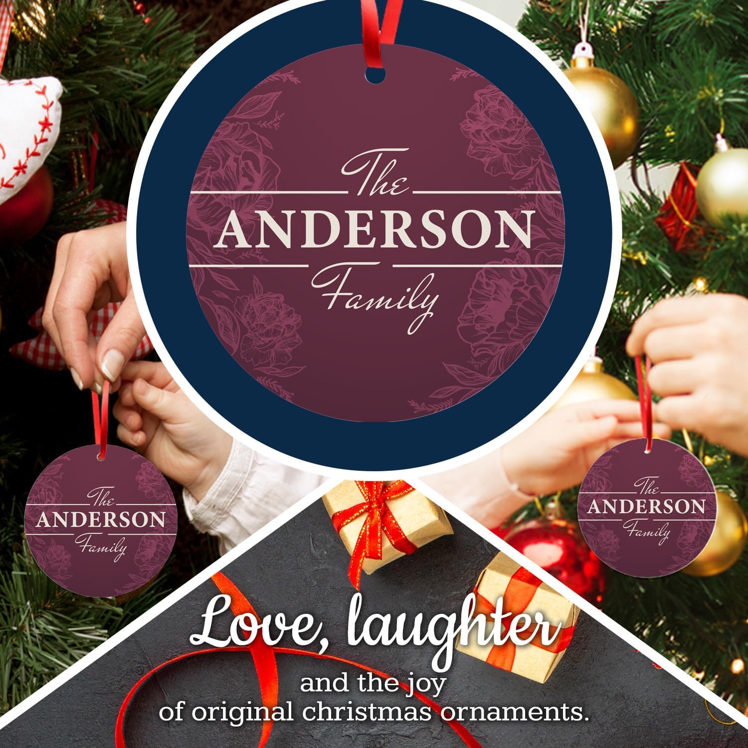 Soul Décor Personalized Christmas Ornaments, 2025 Personalized Family Name, Large 3.75" Round ACM Ornament, Velvet Pouch Included