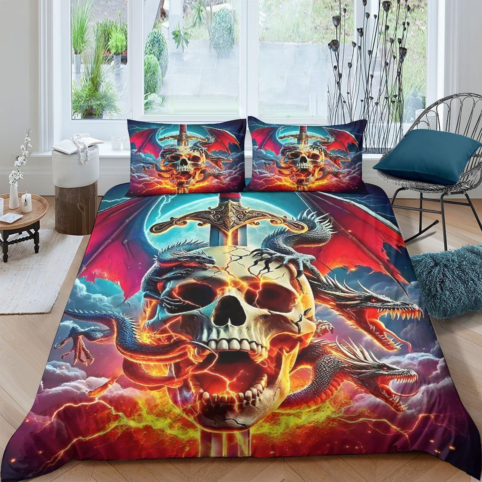 Housse de couette dragon sans repassage en microfibre douce avec fermeture éclair pour lit double