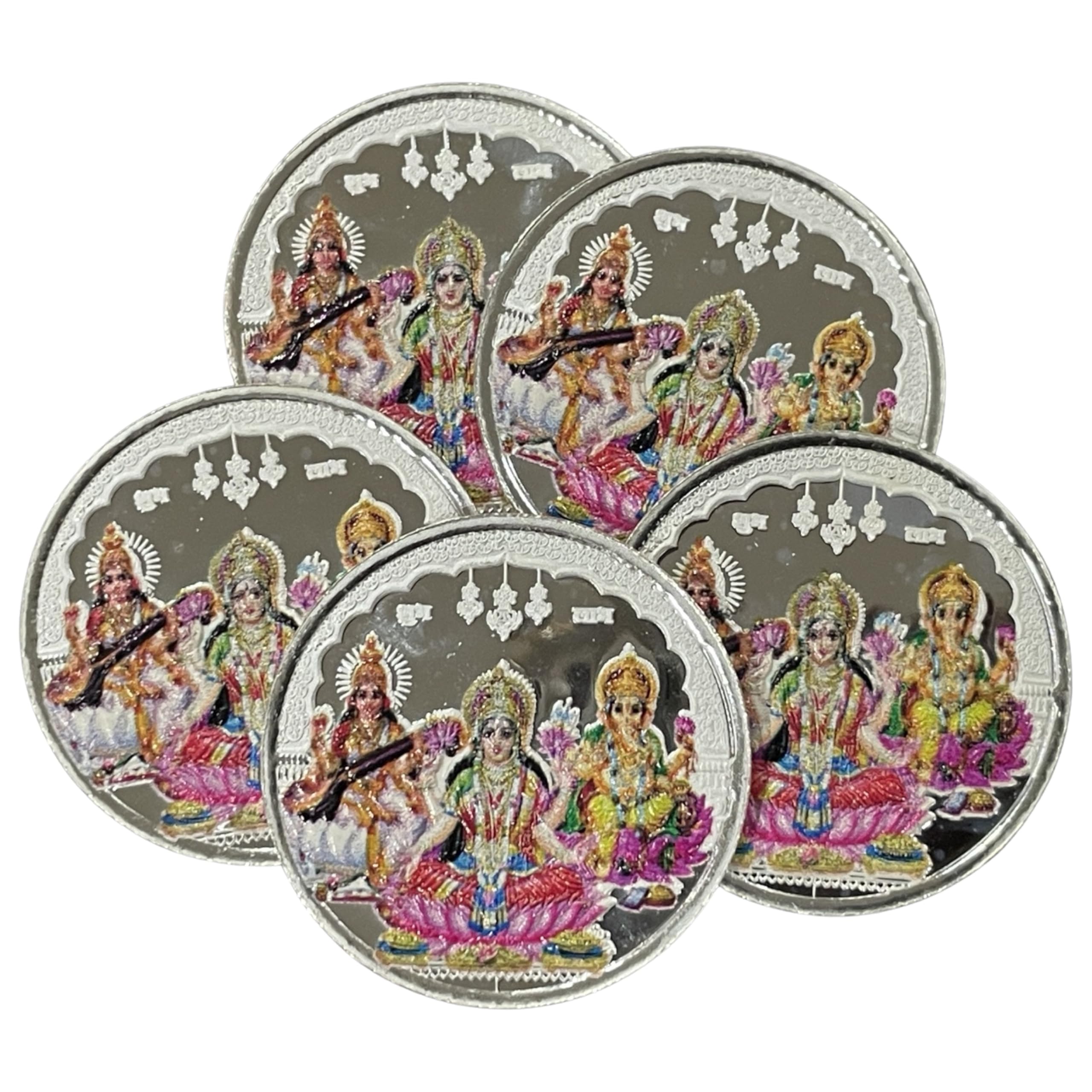 2020 No Mint Mark 999 Pure Silver Ganesh Lakshmi/Laxmi 10 Gram Meena Coin Set (pack of 5 coins) Silver Seller Perfect Uncirculated