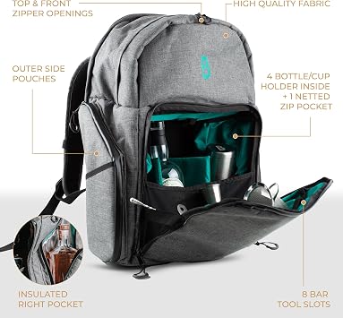 Bull in China Mixology Bartender Kit Backpack for Bar Tools | Large Capacity Travel Backpack (Bag Only) Cocktail Bottle Compartments, Multiple Barware Slots, Insulated Pockets, and More