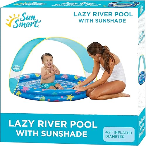 SunSmart Lazy River - Piscina infantil con dos patitos de juguete, piscina inflable para niños con toldo extraíble UPF50, piscina resistente para