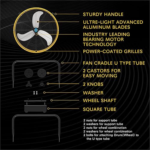 Miniatura 6 de Tornado - Ventilador de tambor metálico de 24" de alta velocidad, 7700 CFM, 3 velocidades, resistente para uso industrial y comercial, motor de 1/3