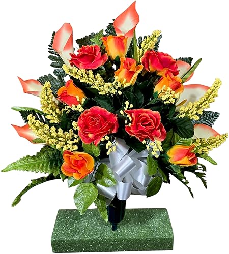 Flores de cementerio artificiales realistas, ramo de rosas naranjas y lirios de cala para tumba, decoración de lápida, flores conmemorativas