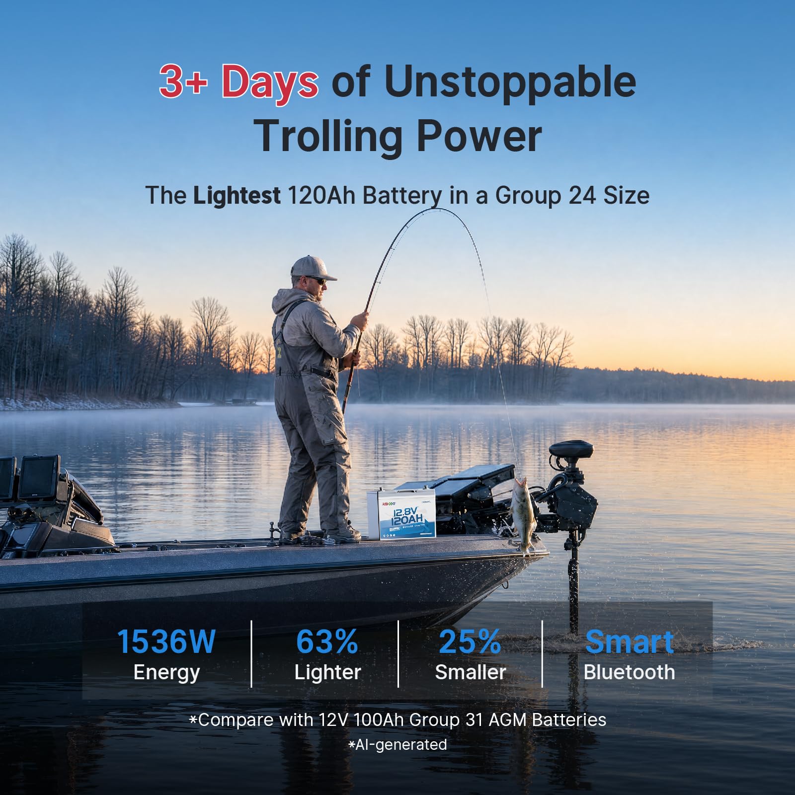 Redodo 12V 100Ah Group24 Batteria Litio con Bluetooth, Basse Temperature | Batteria LiFePO4 con BMS 120A, 1536W, IP65 Impermeabile, 4000 Cicli, 10 Anni di Vita per Trolling Motor(20~70lb)