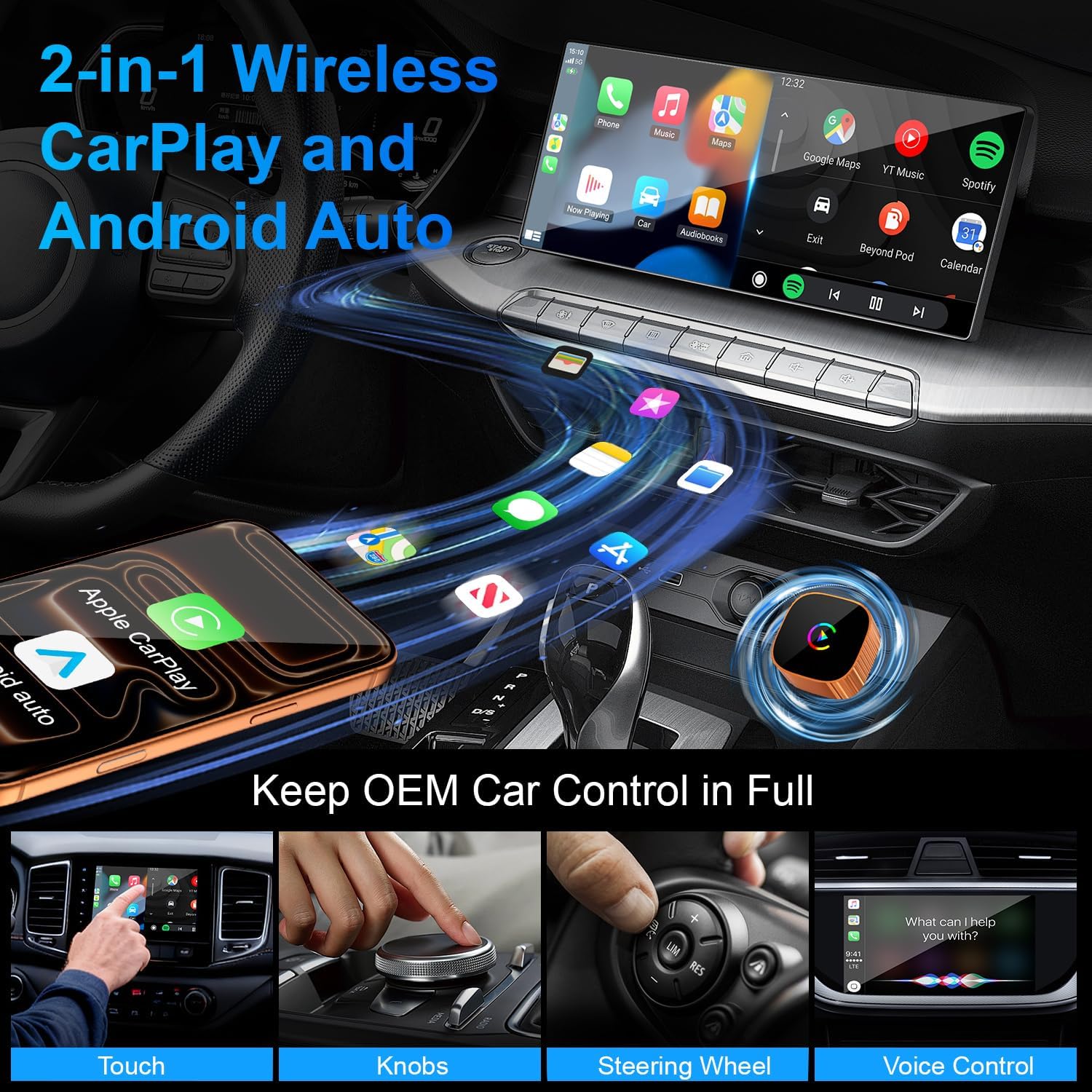2-in-1 Wireless CarPlay for iPhone & Android Auto, Converts Wired to Wireless CarPlay, 2026 Upgrade, Faster & Stable Connection, Plug & Play, 1080P HD Display,Mini Size, Orange，USB-A & Type-C Port