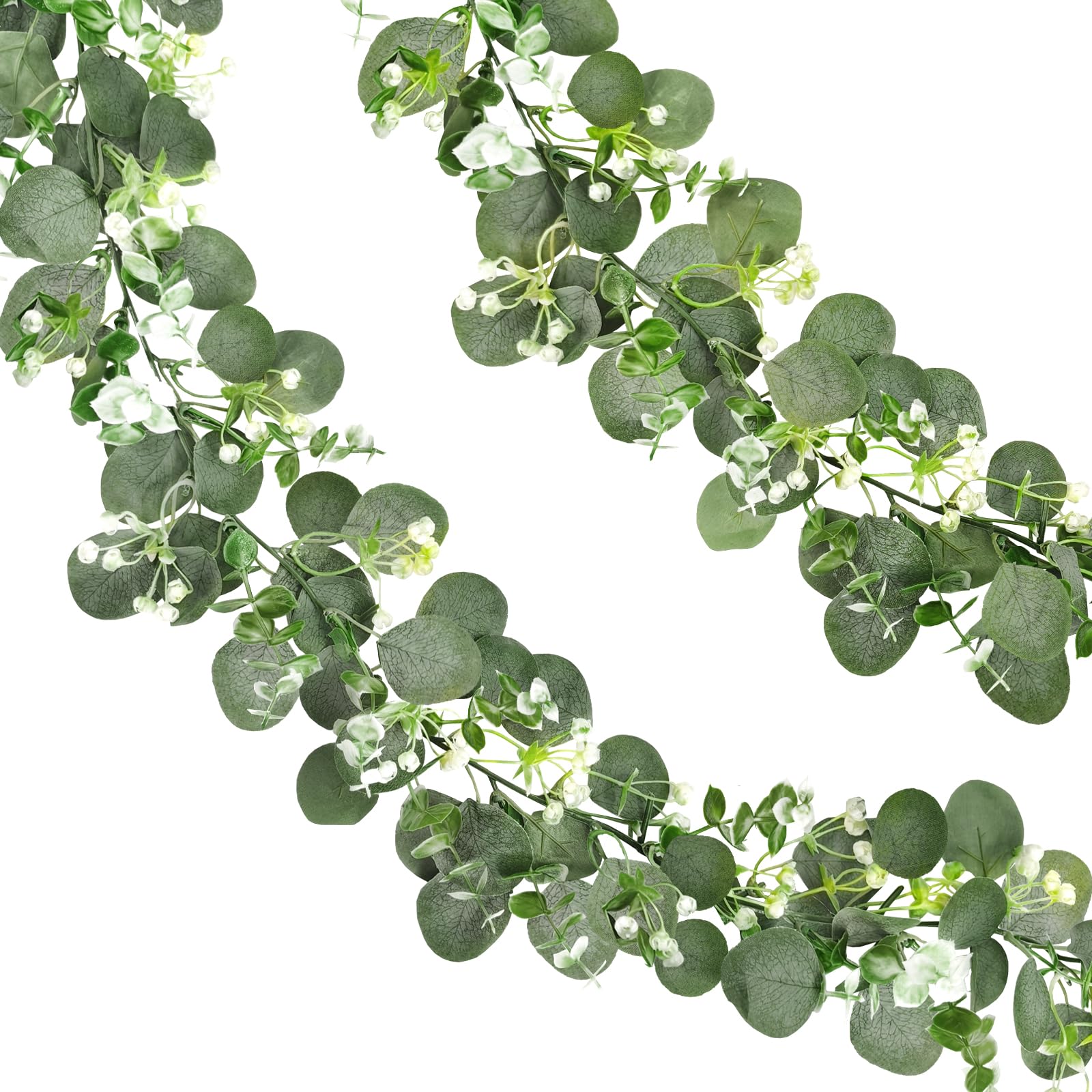 ROLLWAY 2 Stück Eukalyptus Girlande, Künstliche Girlande Pflanze 1,8m Hängend Grüne Blätter Deko mit Weiße Blumen Silberdollar Eukalyptusranke für Hintergrund Hochzeit Bogen