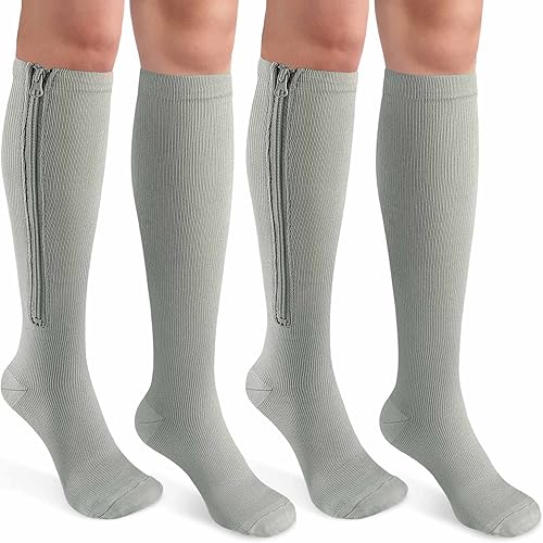 Miniatura 13 de CASMON 2 pares de calcetines de compresión con cremallera para mujer y hombre, calcetín de apoyo hasta la rodilla con punta cerrada de 15-20 mmHg