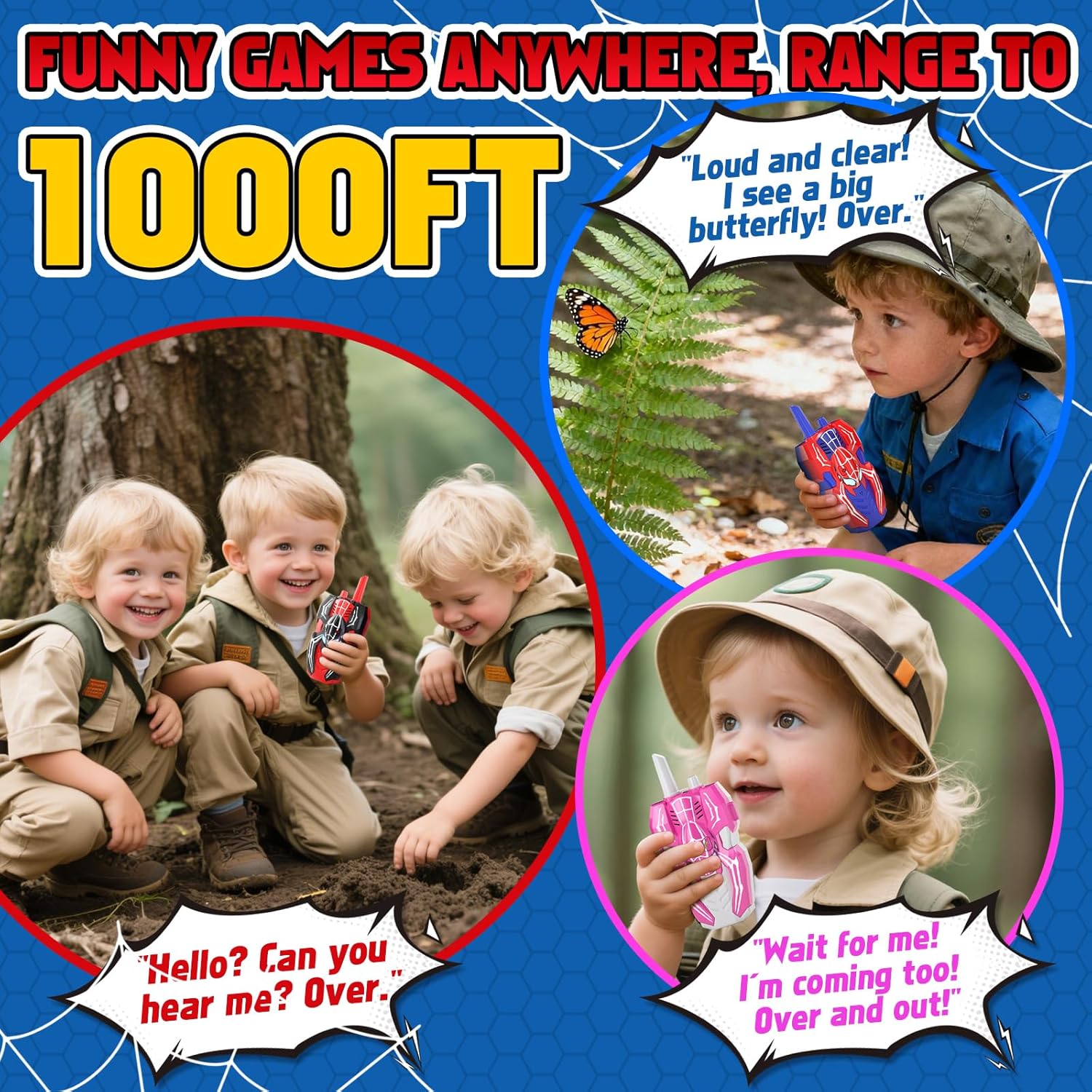 3 Pack Walkie Talkies for Kids, Spider Toys 2 Pack Outdoor 2 Way Radio Toy Gifts Camping Brithday Gift Walkie Talkies for 3 4 5 6 7 8 9 10 Year Old Boys