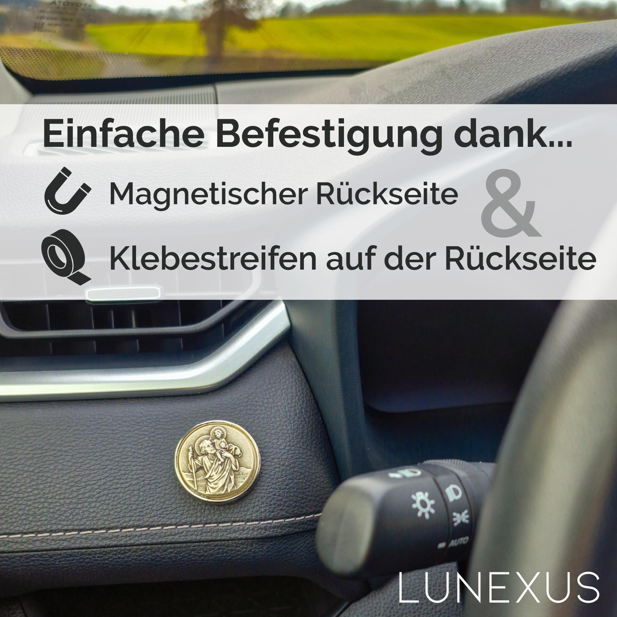 LUNEXUS Imán de Coche de San Cristóbal de 3,6 cm de diámetro, Placa de Coche de San Cristóbal - Bendito - patrón de los automovilistas - Colgante de Coche de San Cristóbal - Ángel de la Guarda - Auto