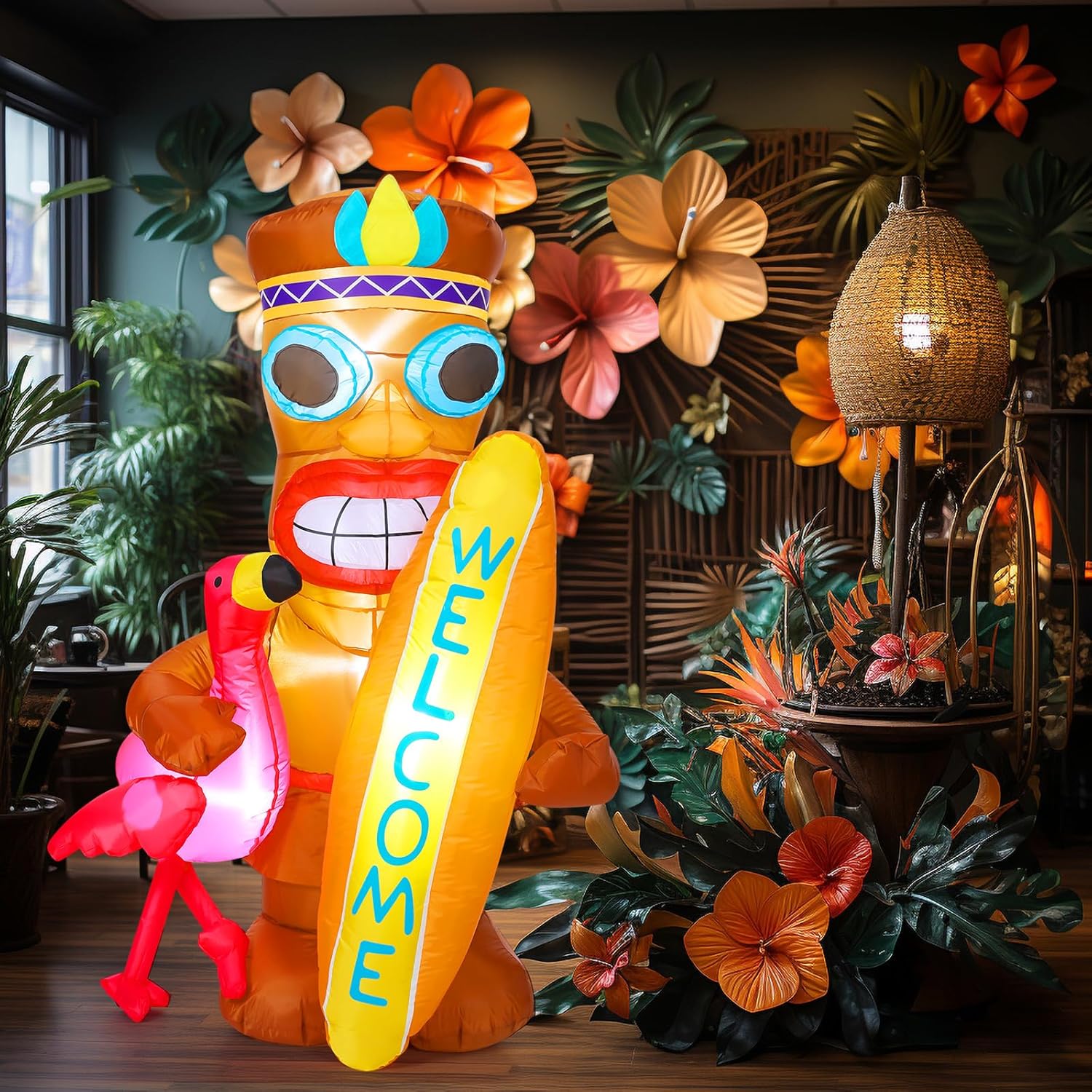 Shappy 5 ft Inflatable Tiki Flamingo Surfboard Luau Hawaiian Party Decorations Summer Inflatables Outdoor LED Lighted Tiki Blow up Beach Tropical Pool Surfing Yard Party Supplies Favors(Flamingo)