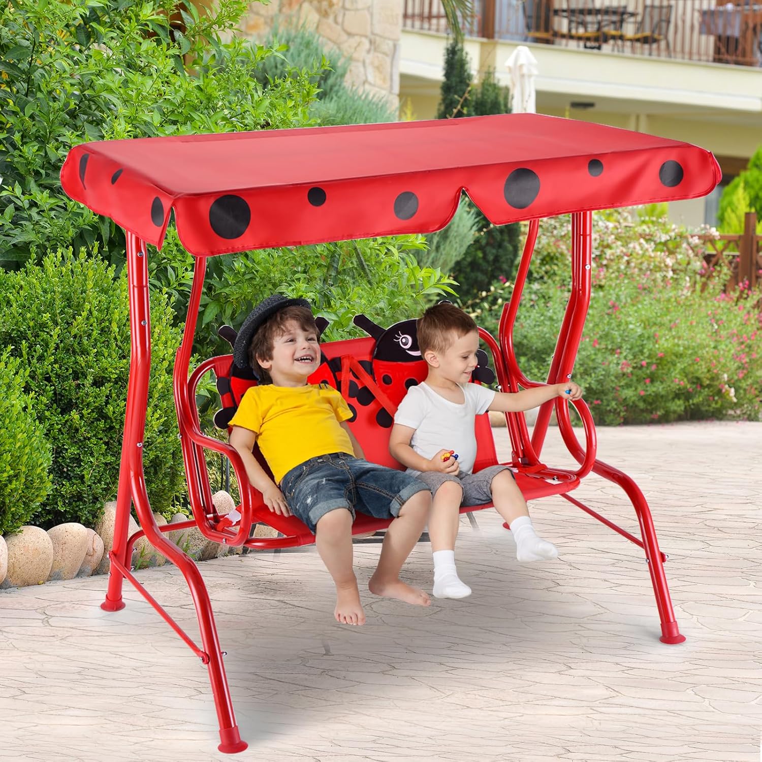 GLACER Porch Swing, Kids Patio Hammock w/Adjustable Canopy & Stand, Safety Belt, 2 Seats Outdoor Swing Bench, Metal Frame Hanging Lounge Chair, Swing Sets for Backyard, Garden, Poolside (Red Ladybug)