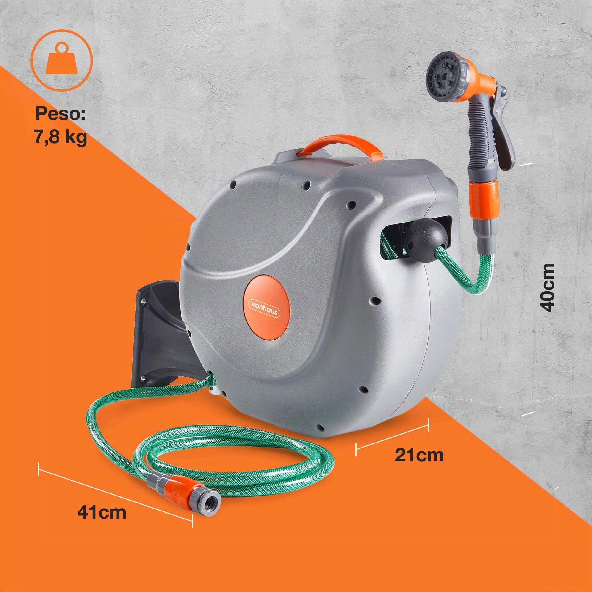 VonHaus Enrollador de Manguera de 20 m: Enrollador de Manguera de pared para Jardín, Retráctil, con Bloqueo Automático, incluye Accesorios de Montaje y pistola rociadora con 8 funciones