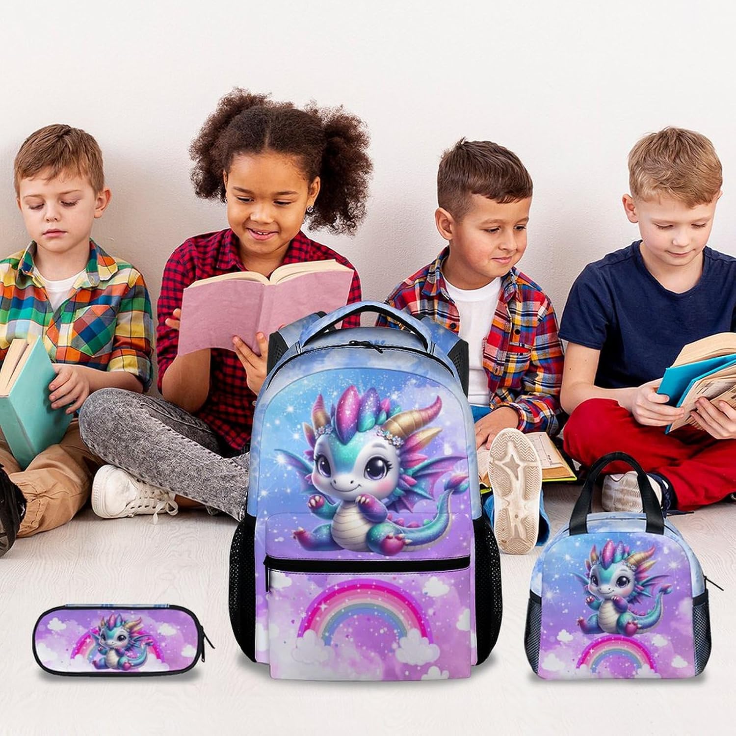 Girls Backpack with Lunch Box - Cute School Bookbag Set - Dragon Backpack for Girls - Back to School Gifts for Kids Child - 17 Inch Toddler Back Pack for Primary/Preschool