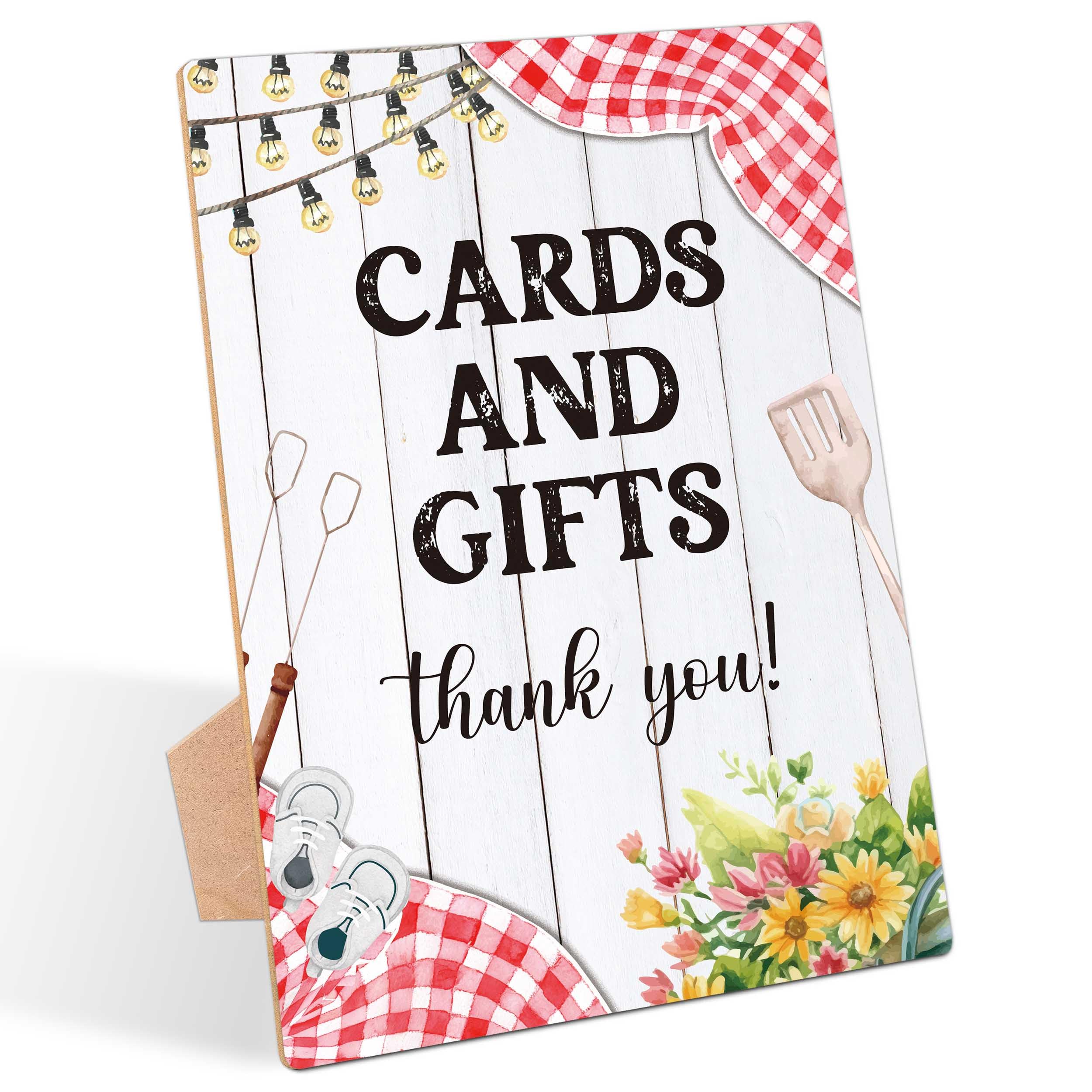 BBQ Baby Shower Table Sign, Cards and Gifts Sign, Pack of 1 Wooden Tabletop Sign with Stand, Backyard Baby Shower Supplies, Gender Reveal Party