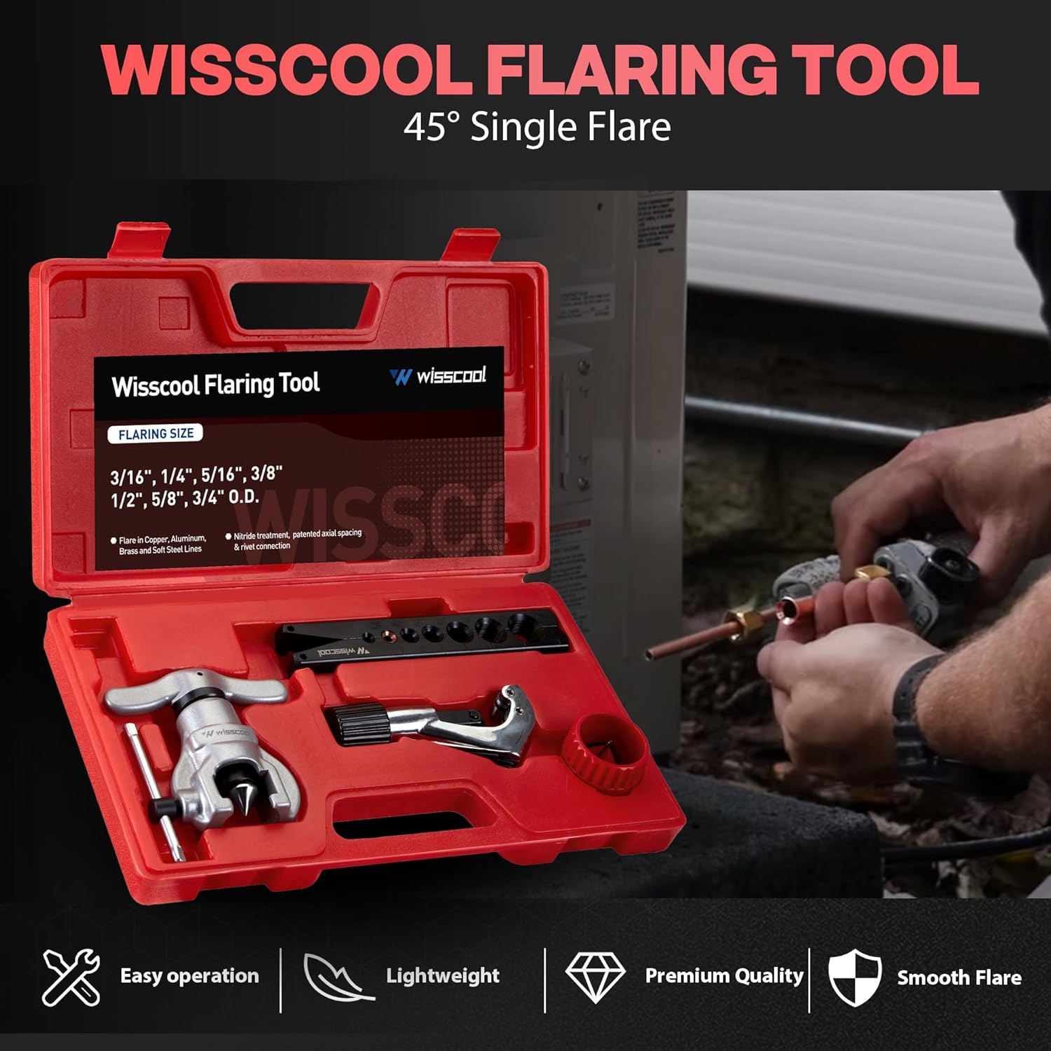 Wisscool Eccentric Flaring Tools Set and Tube Cutter Dedurring Tool Kit 7 Dies Sizes 3/16-3/4 inch 45 Degree Angle Eccentric Cone for Copper Brass Aluminum Mild Steel HVAC Refrigeration Plumping Work