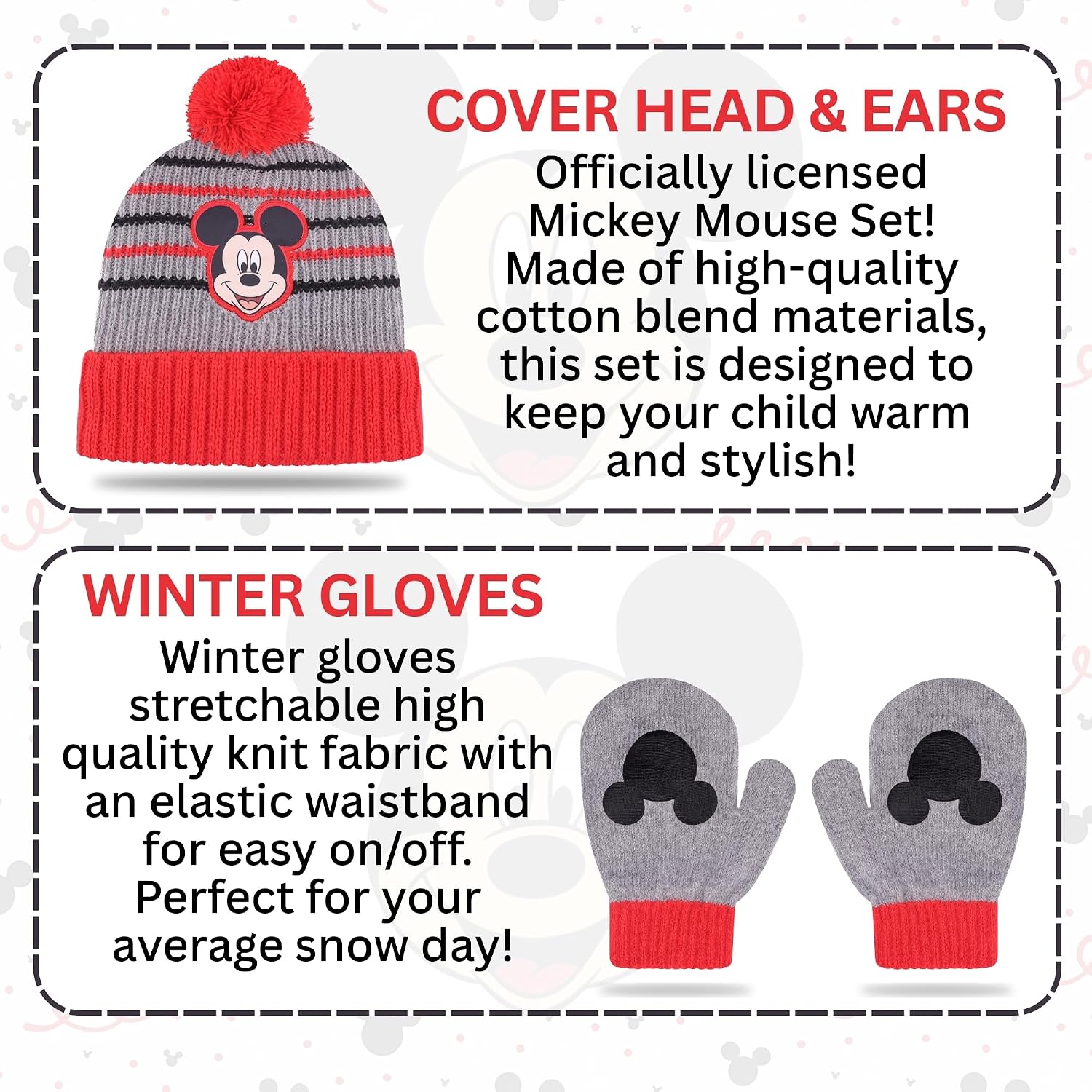 Mickey Mouse 2 Pc. Hat and Snow Gloves Set for Boys and Toddlers, Kids Warm Pom-Pom Beanie and Cute Red Mittens