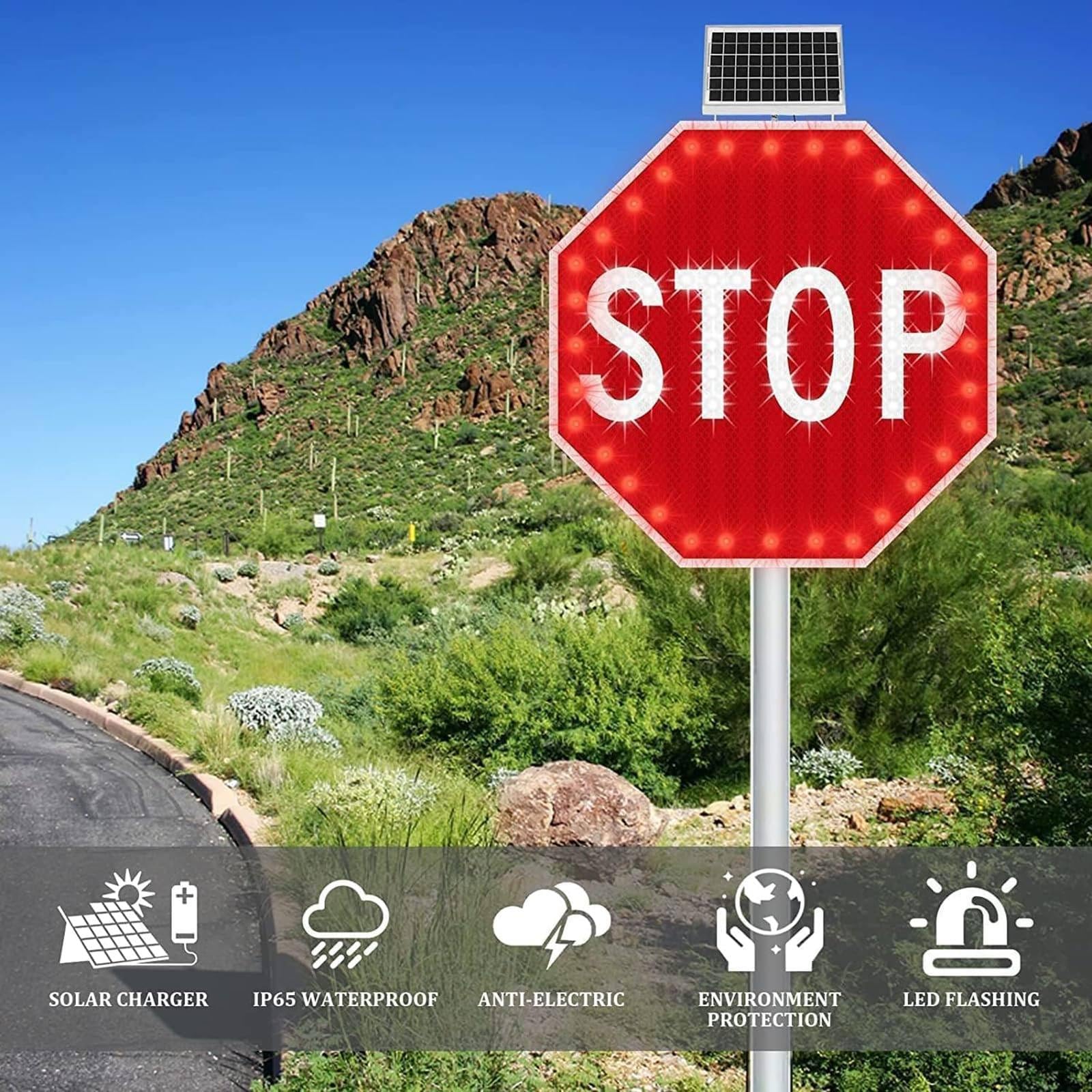 Señal de Stop con Energía Solar y LED Parpadeantes - Luz de Advertencia 24/7, Señal Exterior de 60×60cm, Sensor Automático de Anochecer/Amanecer para Intersecciones y Campus