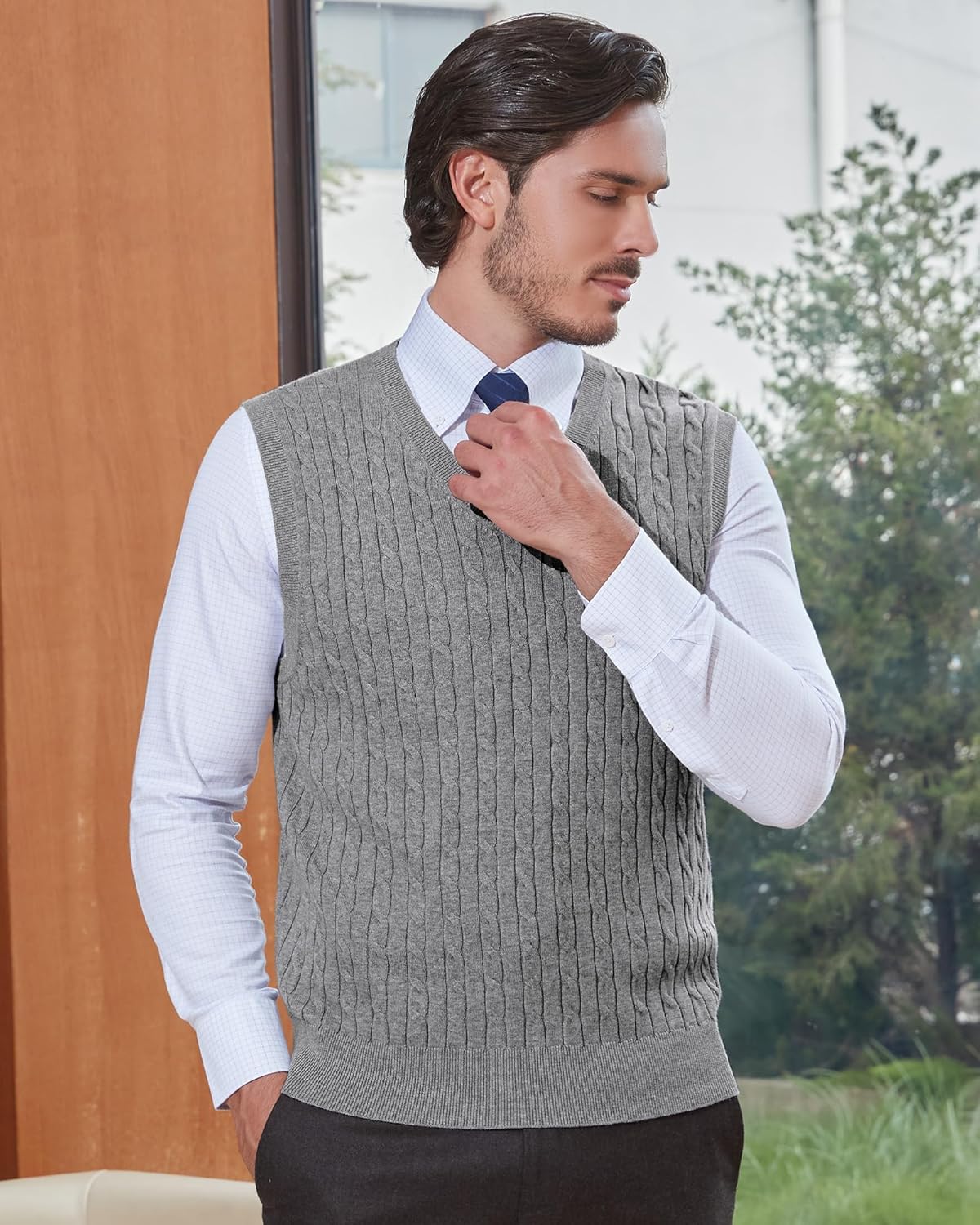 Kallspin Men’s Wool Blended Cable Knit Sweater Vest V Neck Relaxed Fit Sleeveless Pullovers - Image 5