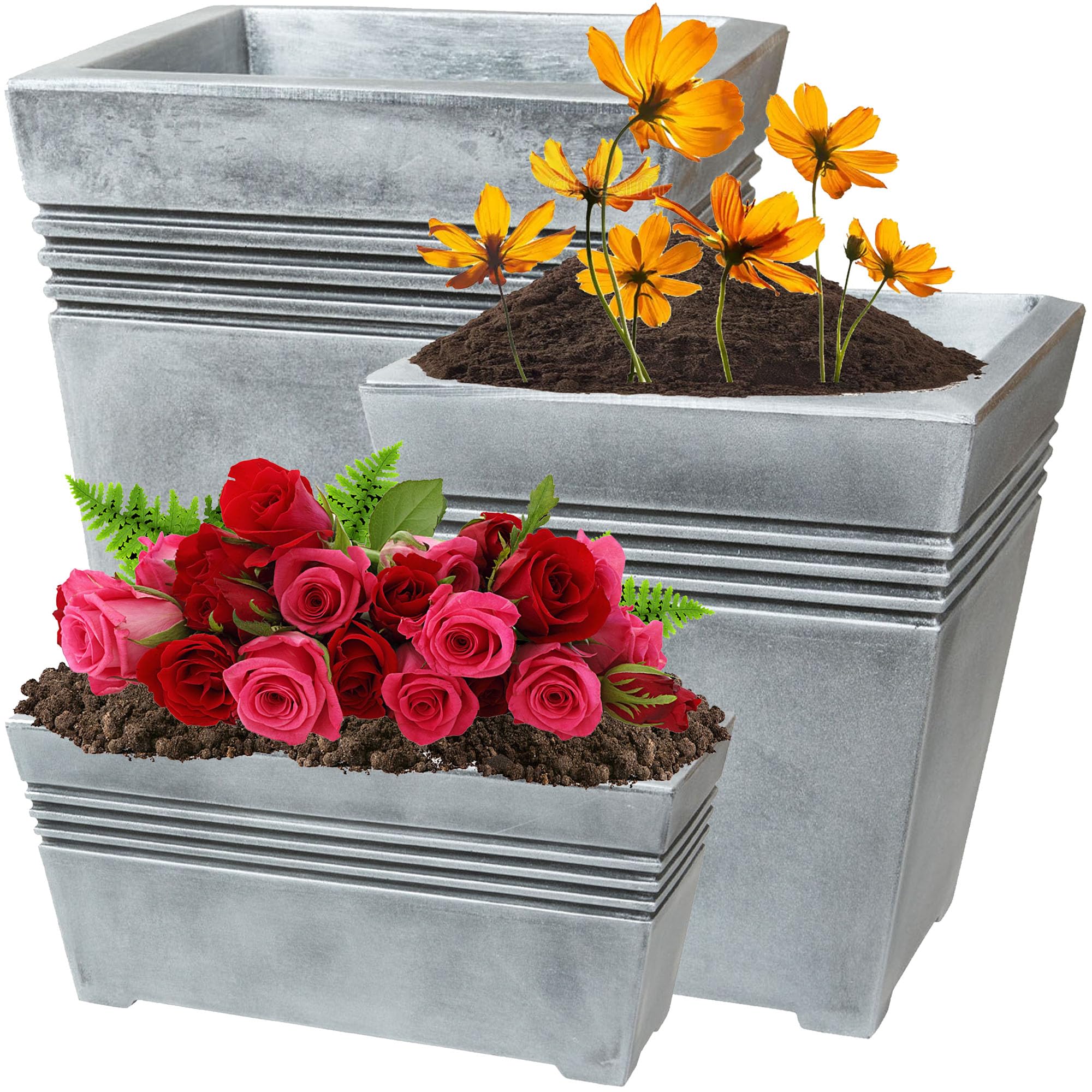 STORM TRADING GROUP Garden Planters Grey Venice Trough, Square or Tall Flower Planters Ideal For Office, Home, Balconies, Gardens, Greenhouses & Patios (2, Square Venice Planter)