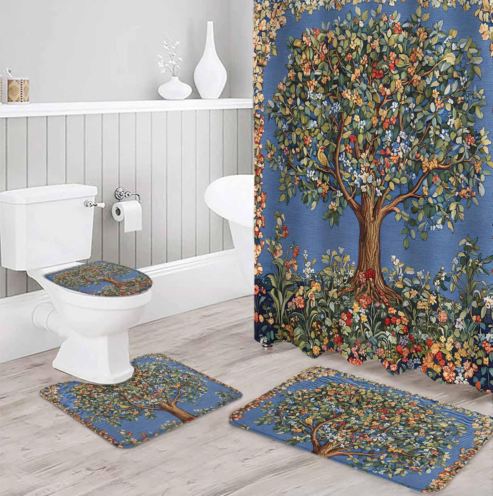 Flowers Trees Bathroom Set with Shower Curtain and Rug Accessories - 36x72 Inches Long Boho Vintage Floral Botanical Plant Birds Stall Curtain Waterproof with Large Bath Mat,Washable Runner Rug Set