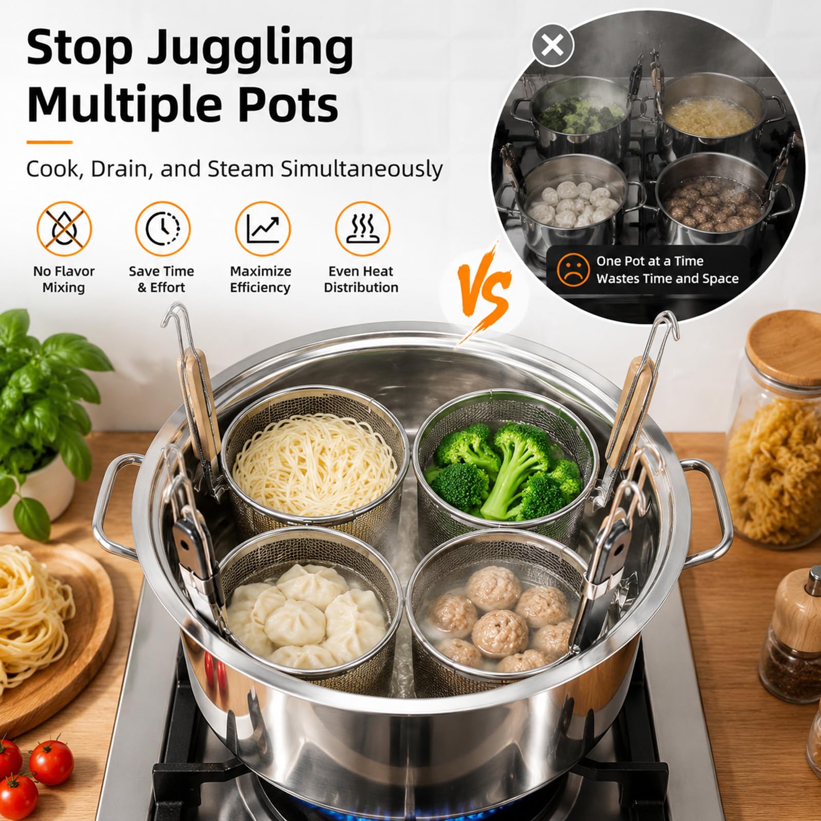 RSBFER Set di cuocipasta in Acciaio Inox con cestelli scolapasta, pentola Multifunzione con Coperchio e 3/4/5 Scomparti per cuocere Pasta, Noodles, Gnocchi e Verdure,3 Hole