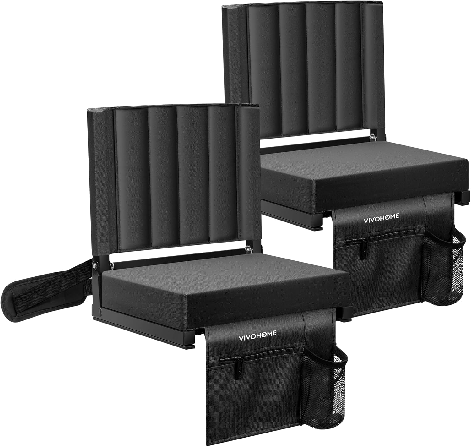 VIVOHOME 2-Pack Stadium Seats with Back Support, Thick Cushion, Cup Holder & Shoulder Strap - Portable Bleacher Chairs Black