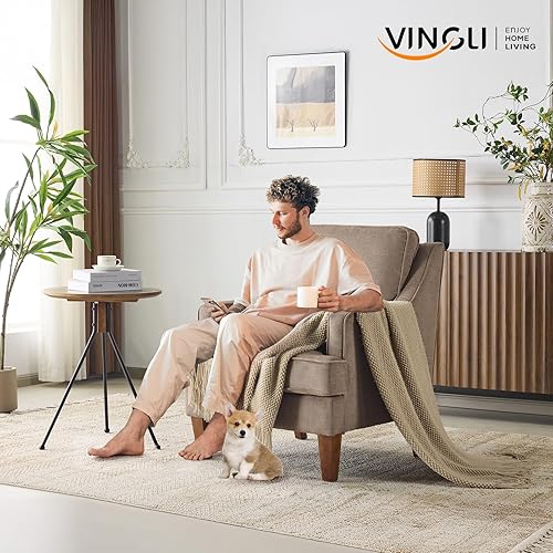 Miniatura 9 de VINGLI Silla decorativa moderna de mediados de siglo, sillón tapizado marrón claro, cómodo sofá, silla de lectura, respaldo alto para sala de estar,