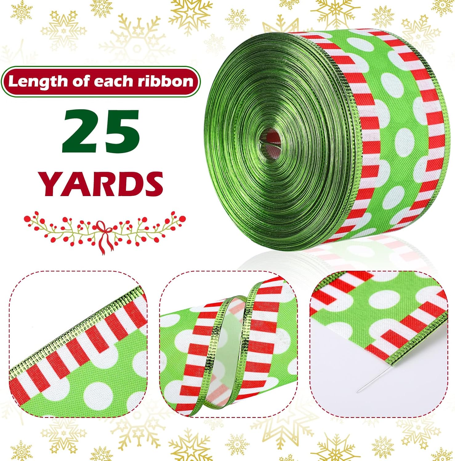 Syhood 2 Rolls Christmas Ribbon Wired 2.5 Inch Dots with Stripes 25 Yard Long Wired Wrapping Colorful Fabric Ribbon Xmas Decorative Ribbons for Christmas Decor Supplies, Dot Style