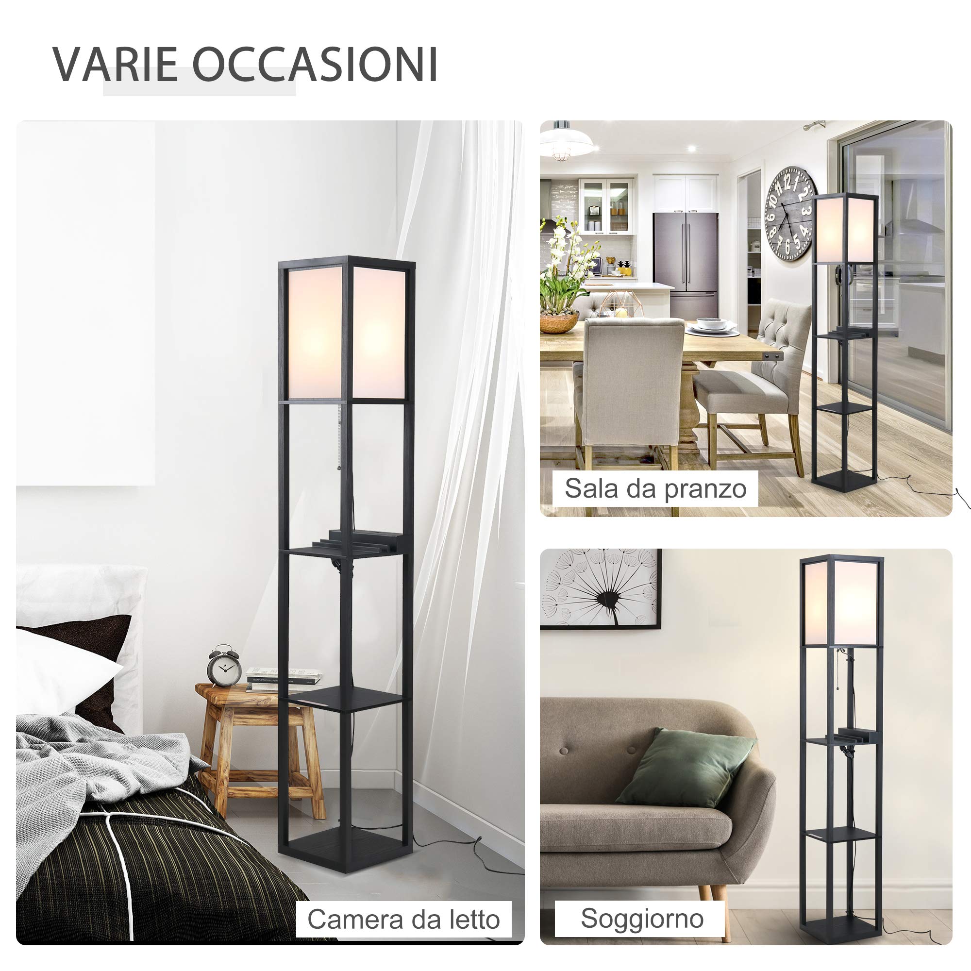 HOMCOM Lampada da Terra Moderna con Ripiani 26 x 26 x 160 cm Nero e Bianco | Lampadina, Illuminazione Interna Salvaspazio, da Soggiorno, Cotone, MDF